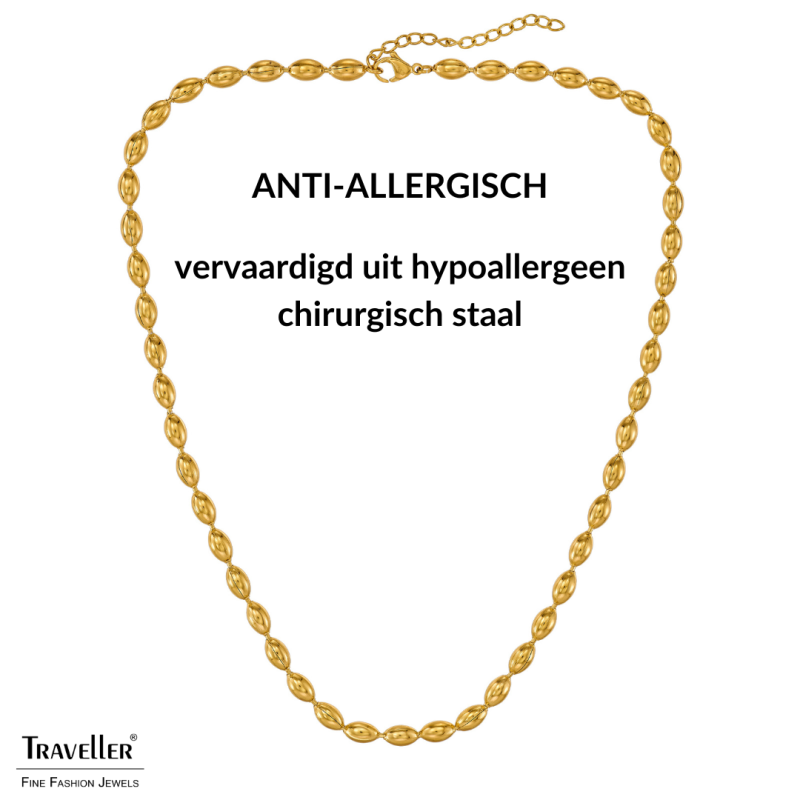 Traveller Dames Ketting - Edelstaal - Verguld - Ovale Druppels - 45+5 cm