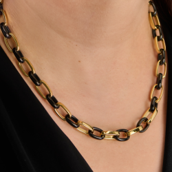 Traveller Necklace - Stainless Steel - Gold Plated & Black - Oval Links - 47cm