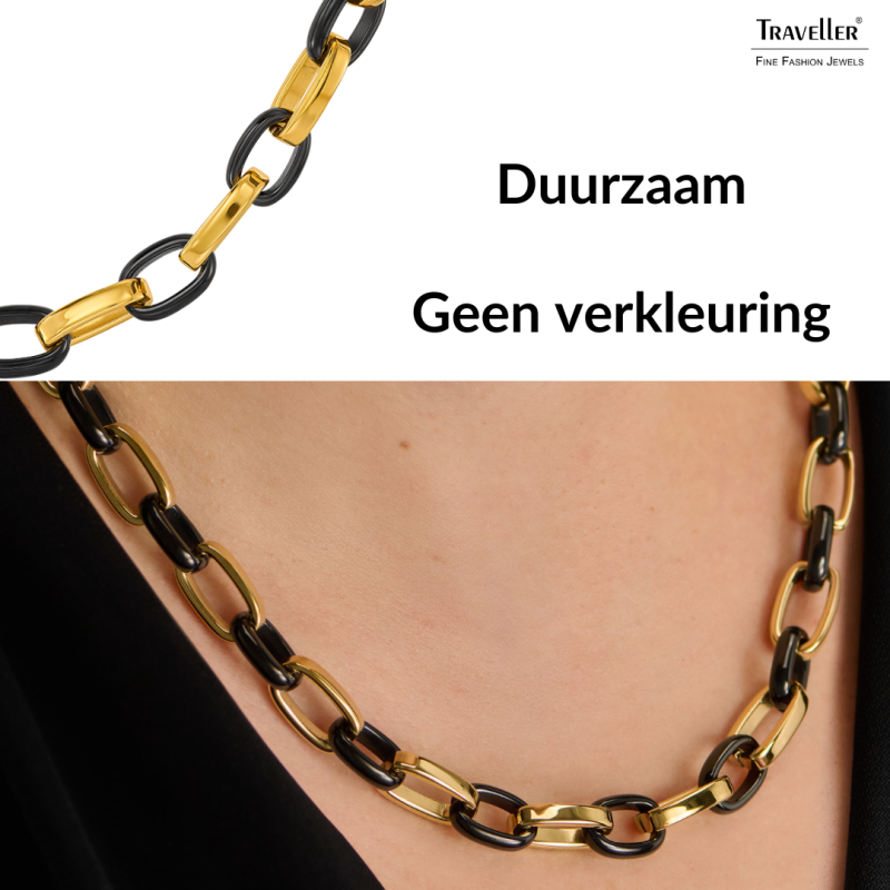 Traveller Dames Ketting - Edelstaal - Verguld & Zwart - Ovale Schakels - 47cm - 181315