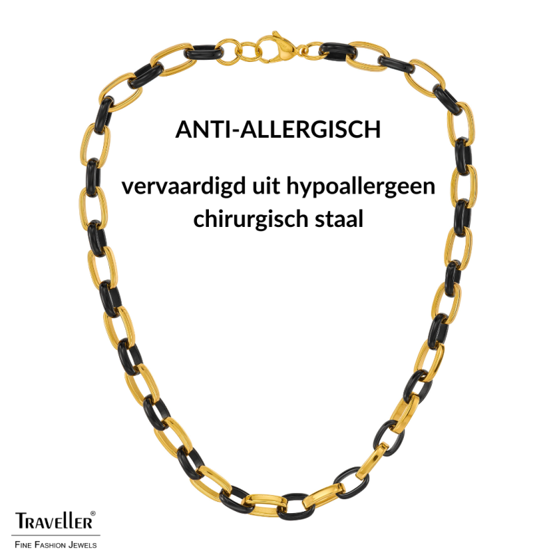 Traveller Dames Ketting - Edelstaal - Verguld & Zwart - Ovale Schakels - 47cm - 181315