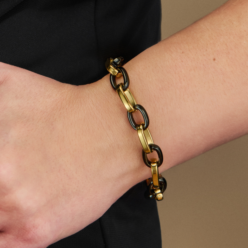 Traveller Bracelet - Stainless Steel - Gold Plated & Black - Oval Links - 21cm - 181316