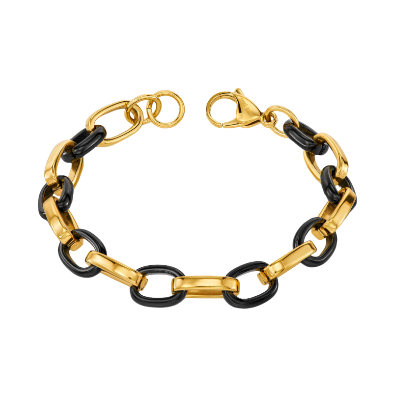 Traveller Bracelet - Stainless Steel - Gold Plated & Black - Oval Links - 21cm - 181316