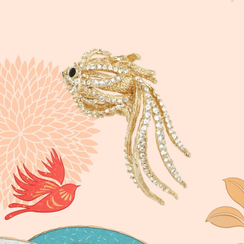 Grossé Brooch - Reproduction - Gold Plated - Crystals - Fish - 47x40mm