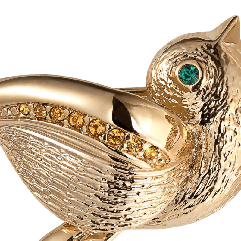 Grossé Brosche - Tresor - Vergoldet - Kristalle - Grün Emerald & Gold Topaz - Vogel - 34 mm