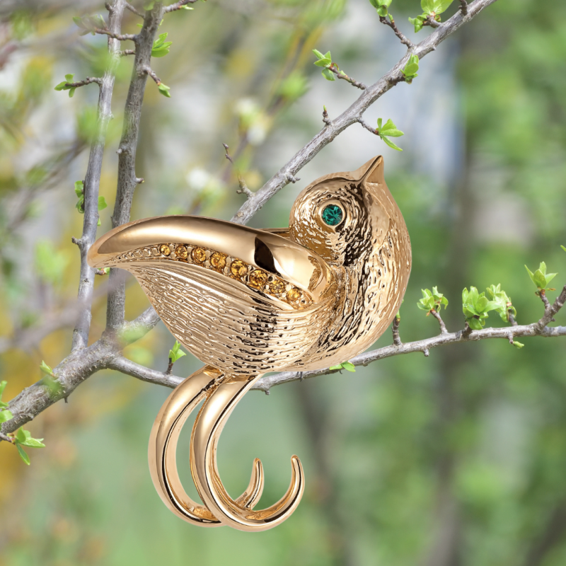 Grossé Broche Dames - Tresor - Verguld - Kristallen - Groen Emerald & Gold Topaz - Vogel - 34 mm