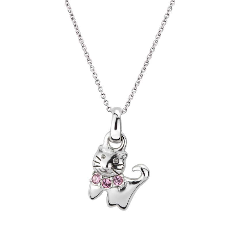 Traveller Hanger met Ketting - Kat Feles - Meisjes Ketting - Sterling Zilver - Kristal - Licht Roze - 545205/CH