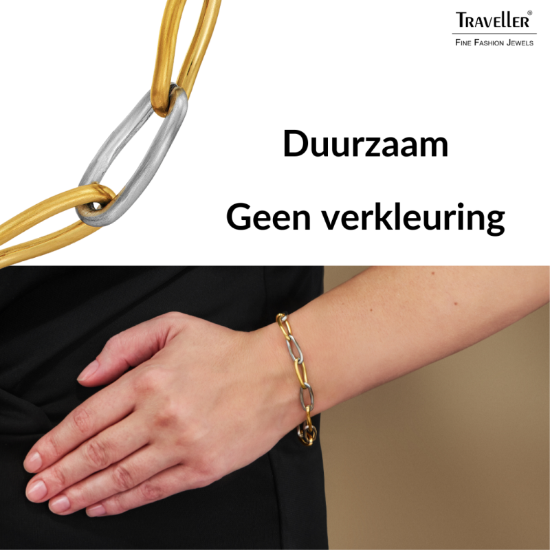 Traveller Armband Dames - Edelstaal - Bicolor - Zilverkleurig & Verguld - Schakels - 21cm - 181318