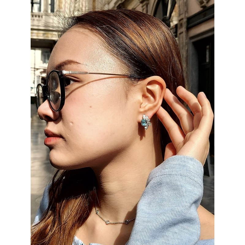 Traveller Clip Oorbellen - Zilverkleurig - Kristallen - Blauw / Aqua Bohemica - Geplatineerd - Bloem- 20x12 mm - 157781