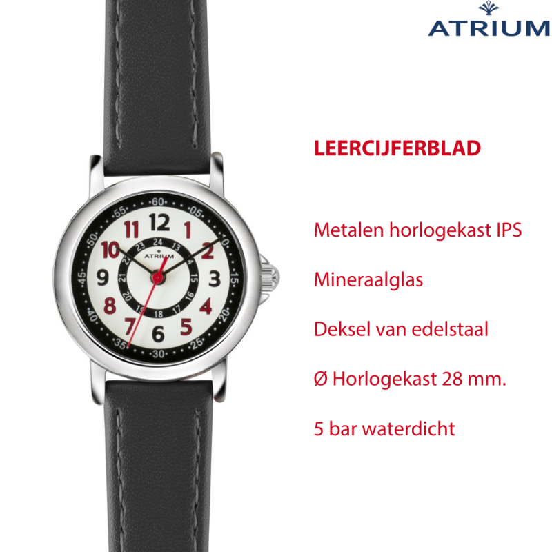 ATRIUM Kinderhorloge - Jongens / Meisjes - Zwart - Analoog - 5 Bar - Leercijferblad