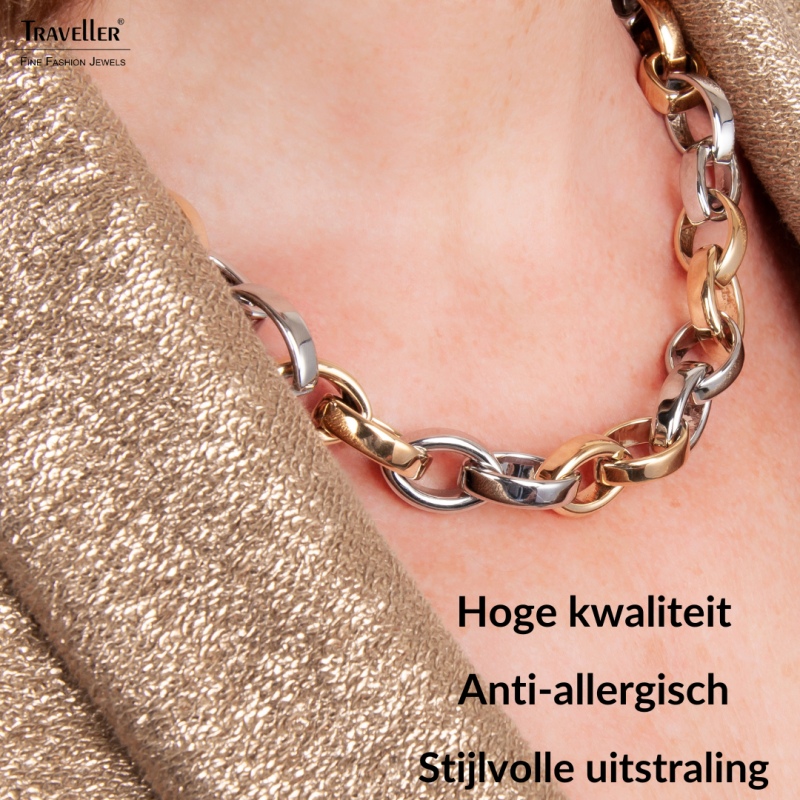 Traveller Dames Ketting - Edelstaal - Bicolor - Schakels - 52 cm - 181099