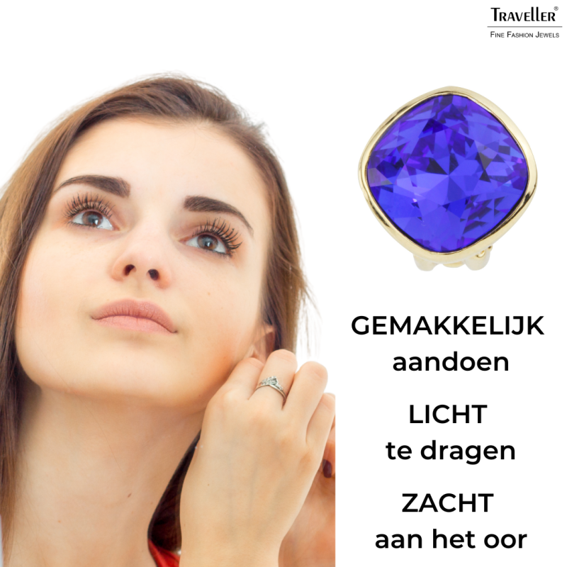 Traveller Clip Oorbellen - Verguld - Swarovski Kristallen - Majestic Blue - 15x15 mm