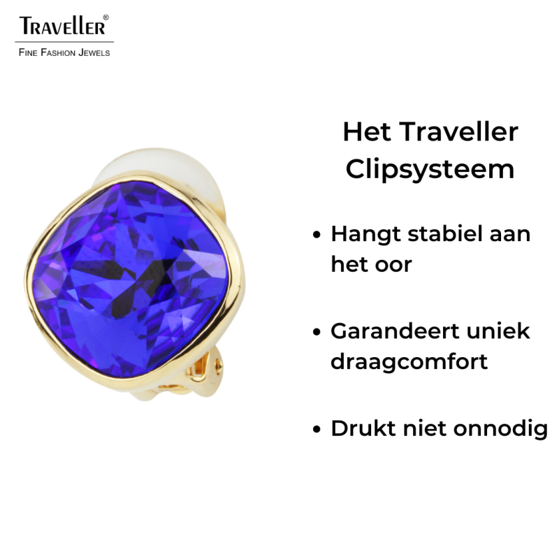 Traveller Clip Oorbellen - Verguld - Swarovski Kristallen - Majestic Blue - 15x15 mm