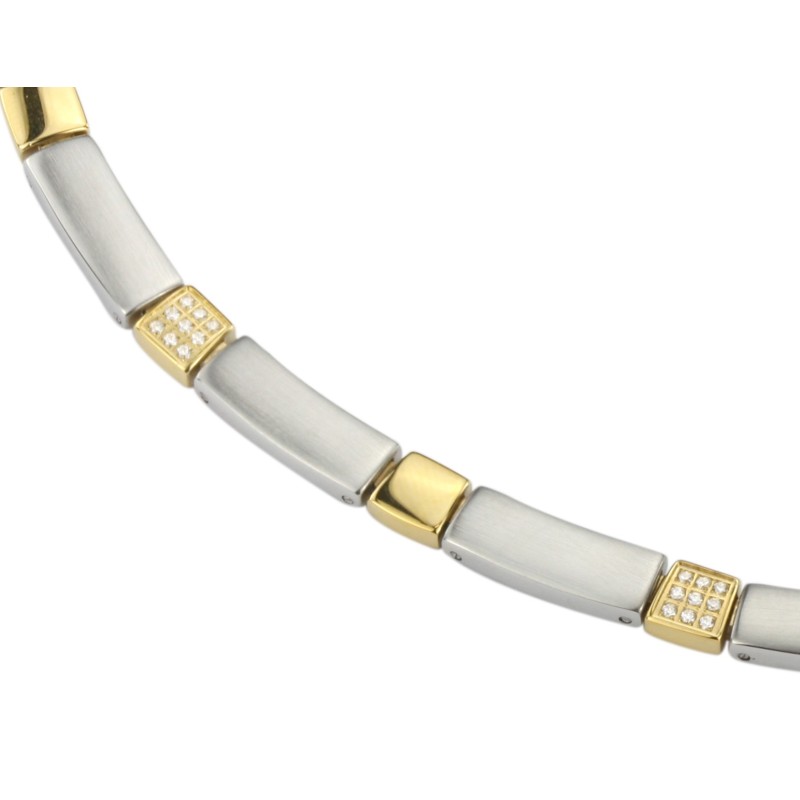 Traveller Dames Ketting - Edelstaal - Bicolor - Mat Zilverkleurig & Verguld - Zirkonia - 47 cm Lang - 6 mm Breed