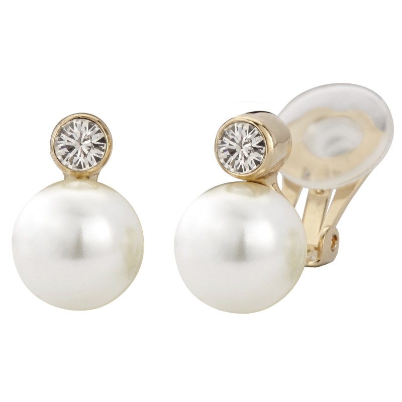 Traveller Clip-on Earrings - Pearl - 10 mm - White - Preciosa Crystals - 22ct Gold plated - 15x10 mm - 113881