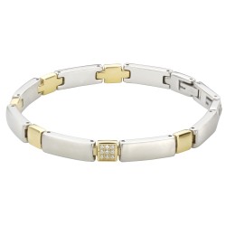 Traveller Armband - Edelstaal - Bicolor - Mat Zilverkleurig & Verguld - Zirkonia - 20 cm Lang - 6 mm Breed