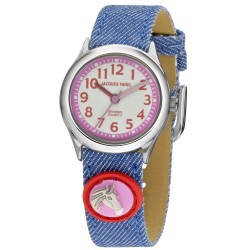 Jacques Farel Kinderhorloge - Paard - Blauw & Roze - Zilverkleurig - Analoog - 3 Bar - Jeansband Verstelbaar