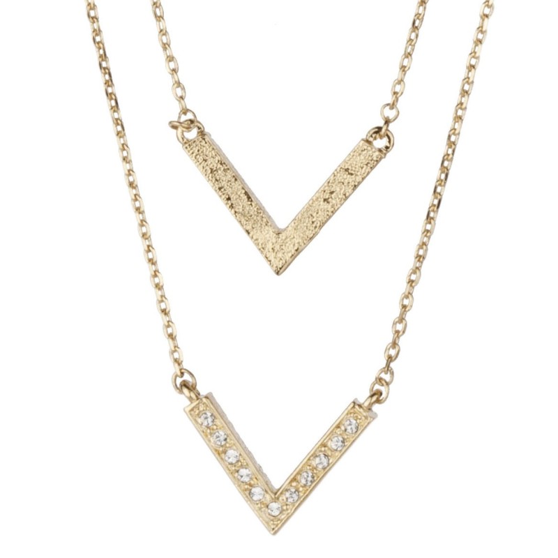Osira Necklace with Pendant - Gold Coloured - Crystals - Double V - 22kt Gold Plated - 38/41/44 cm