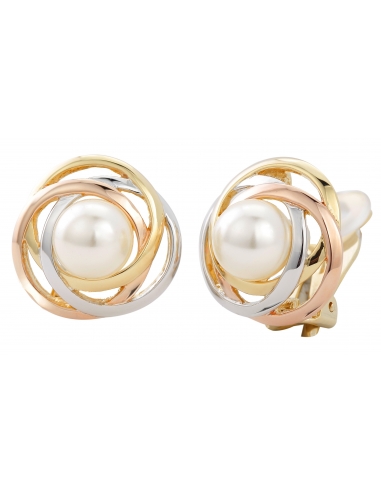 Traveller Clip Earrings with white 10mm pearl 3-tone - 113955