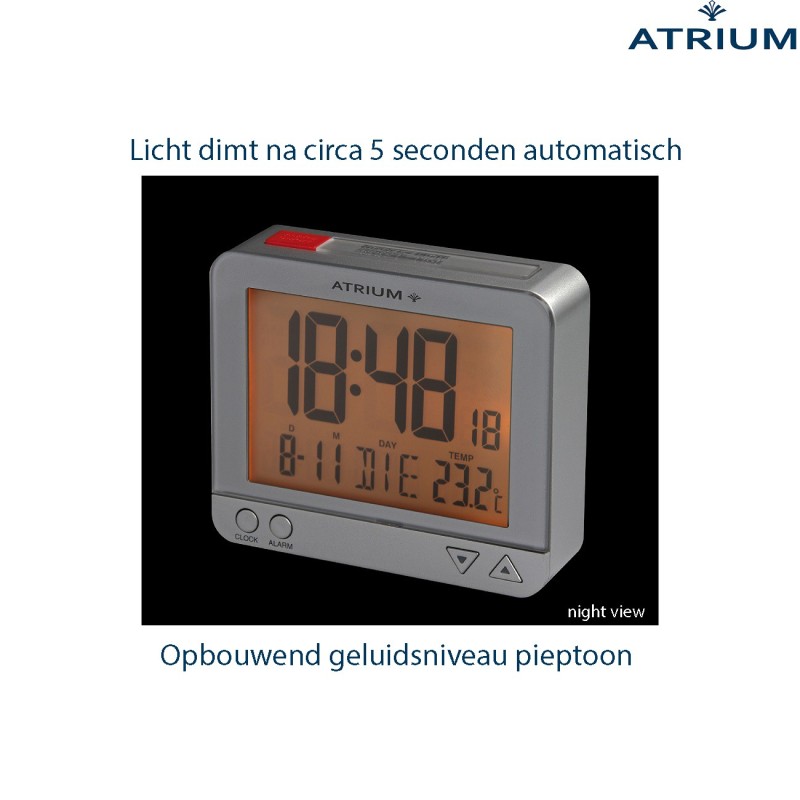 ATRIUM wekker - Radiogestuurd - Digitaal - Zilver - Licht - Snooze - Opbouwende pieptoon Alarm