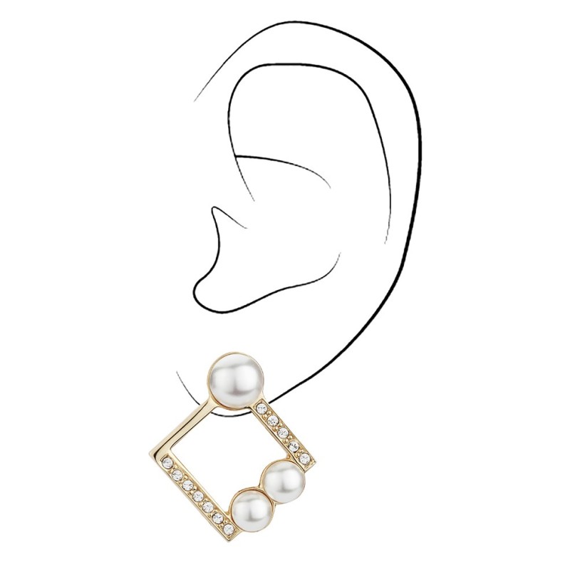 Traveller Clip Oorbellen - Parels - 6+8mm - Goudkleurig - Kristallen - Vierkant - 22kt Verguld - 28x25mm