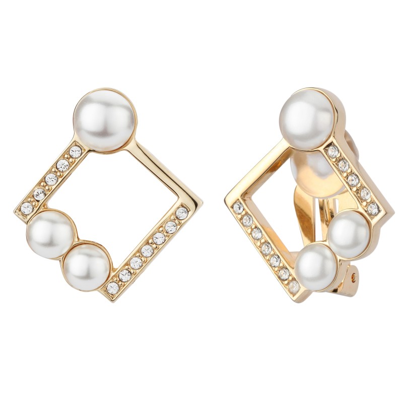 Traveller Clip Oorbellen - Parels - 6+8mm - Goudkleurig - Kristallen - Vierkant - 22kt Verguld - 28x25mm - 114177