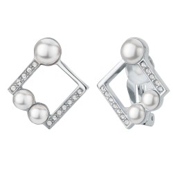 Traveller Clip-on Earrings - Pearls - 6+8mm - Silver Coloured - Crystals - Square - Platinum Plated - 28x25mm