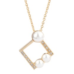 Traveller Necklace with Pendant - Pearls - Ø 6+8mm - Crystasl - 22kt Gold Plated - Square - 28x25mm - 38/41/44cm - 114183