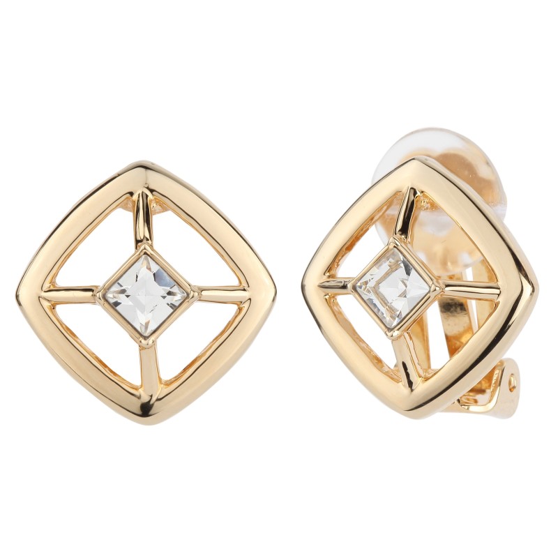 Traveller Clip-on Earrings - 22ct Gold Plated - Crystals - 4x4 mm - Square - 17x17 mm - 157250