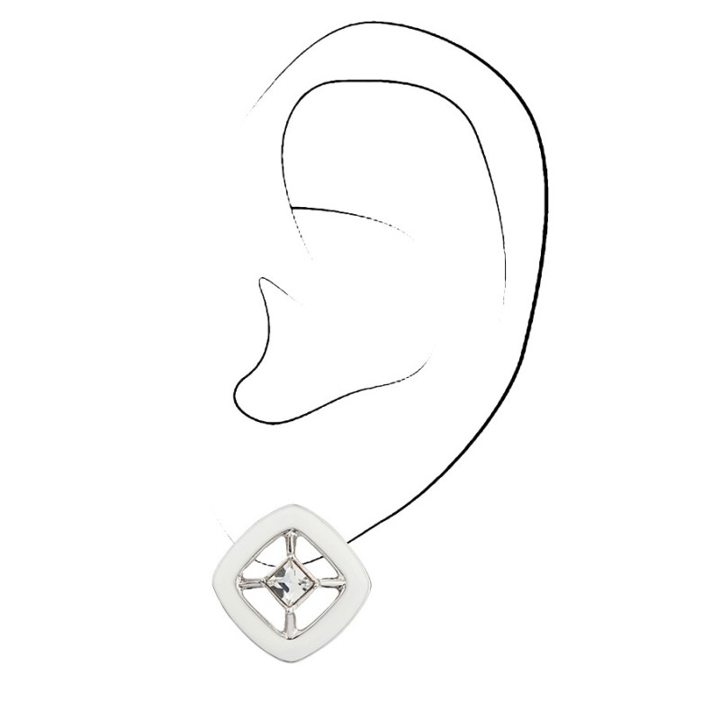 Traveller Clip-on Earrings - White & Silver Coloured - Crystals - 4x4mm - Platinum Plated - 17x17mm