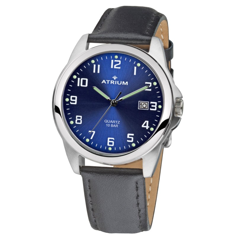 ATRIUM Herren Armbanduhr - Schwarzes Lederband - Blaues Zifferblatt - Datum - Edelstahl 10 bar - A16-15