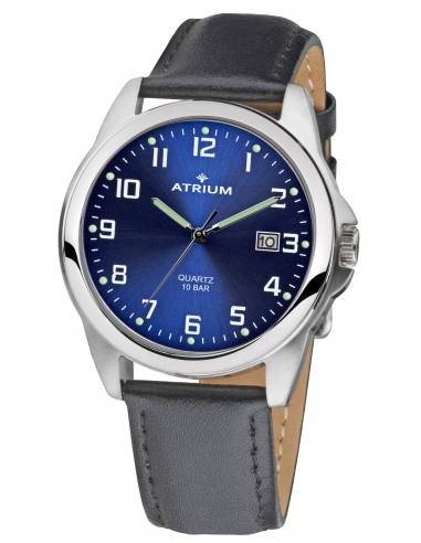 ATRIUM Horloge - Heren - Leer Zwart - Wijzerblad Blauw - Datum - Edelstaal - 10 bar - A16-15