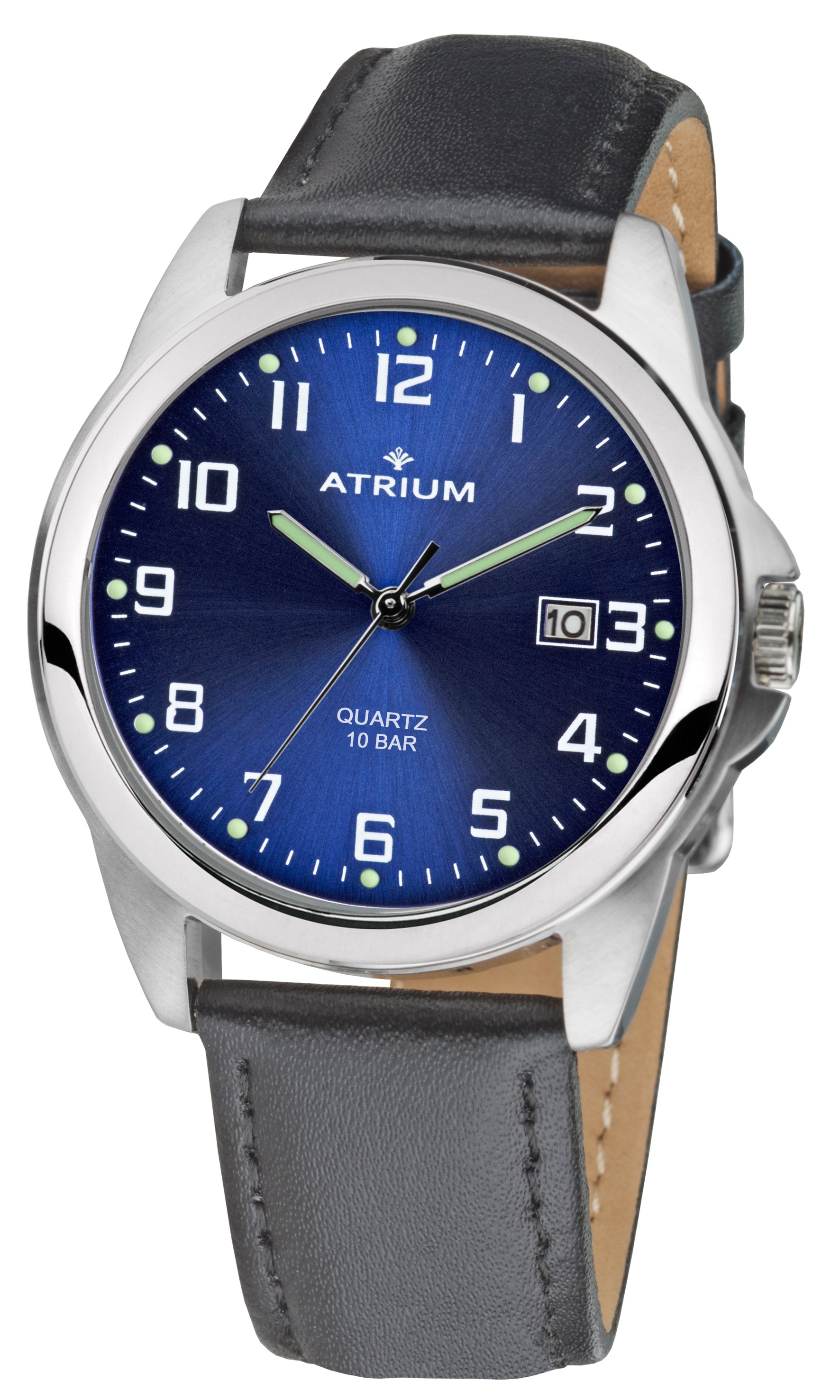 A16-15 - ATRIUM Horloge Wijzerblad - 10 - Leer Blauw bar - Edelstaal - Heren Datum Zwart - -