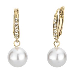 Traveller drop earring - leverback - 10mm white pearl - Crystals - 22ct gold plated - 114143