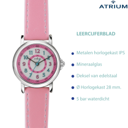 ATRIUM Kinderhorloge - Meisjes - Roze - Analoog - 5 bar - Leercijferblad