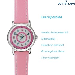 AATRIUM - Horloge Kind - Meisjes - Roze - 5 bar - Leercijferblad - Duidelijk - Verstelbaar Bandje - A31-104