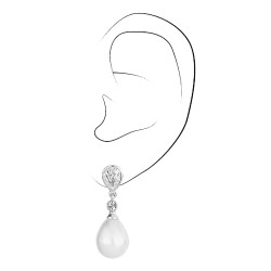 Traveller Clip-on Earrings - Pearl Drops - 15x12 mm - White - Preciosa Crystals - Platinum plated - 32x12 mm - 110680