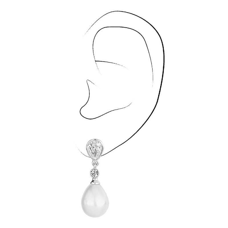 Traveller Clip-on Earrings - Pearl Drops - 15x12 mm - White - Preciosa Crystals - Platinum plated - 32x12 mm - 110680
