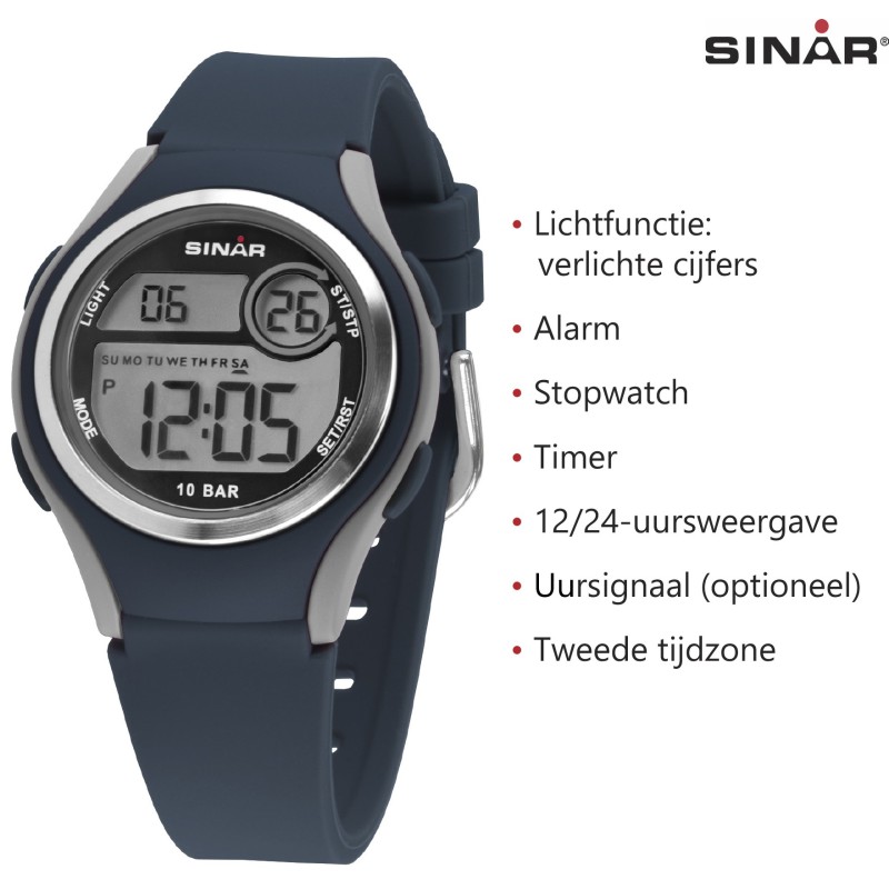 Sinar Horloge - Digitaal - Blauw/ Grijs - 10 Bar Waterdicht - Ø 36 mm - Verstelbaar Bandje (13-18,5 cm) - XE-64-2