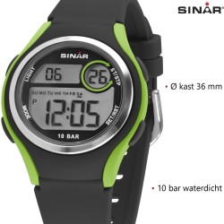 Sinar Horloge - Digitaal - Zwart / Groen - 10 Bar Waterdicht - Ø 36 mm - Verstelbaar Bandje (13-18,5 cm) - XE-64-3