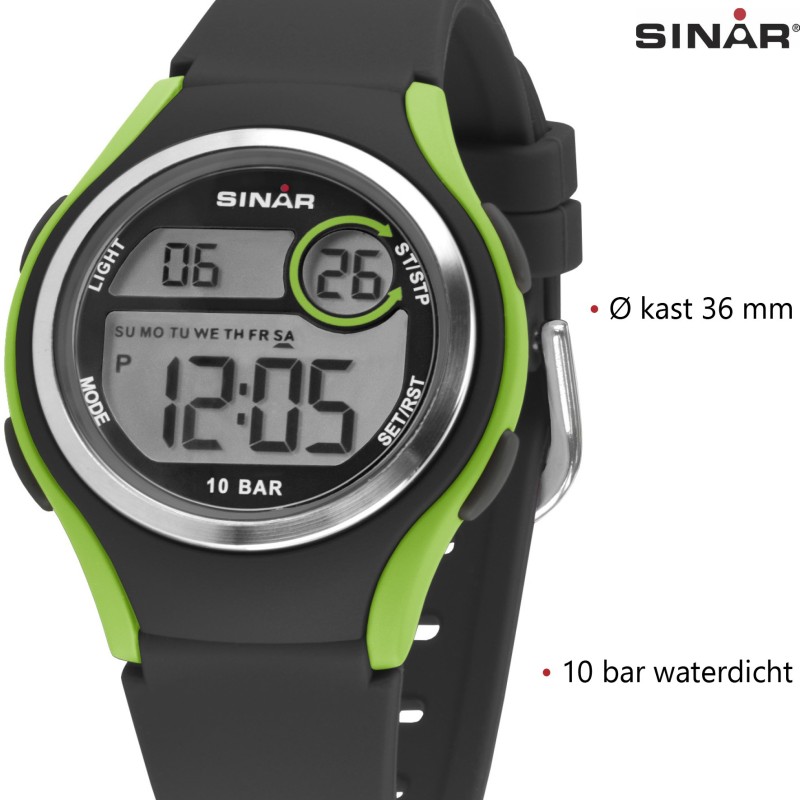 Sinar Horloge - Digitaal - Zwart / Groen - 10 Bar Waterdicht - Ø 36 mm - Verstelbaar Bandje (13-18,5 cm) - XE-64-3