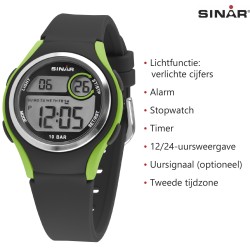 Sinar Horloge - Digitaal - Zwart / Groen - 10 Bar Waterdicht - Ø 36 mm - Verstelbaar Bandje (13-18,5 cm) - XE-64-3