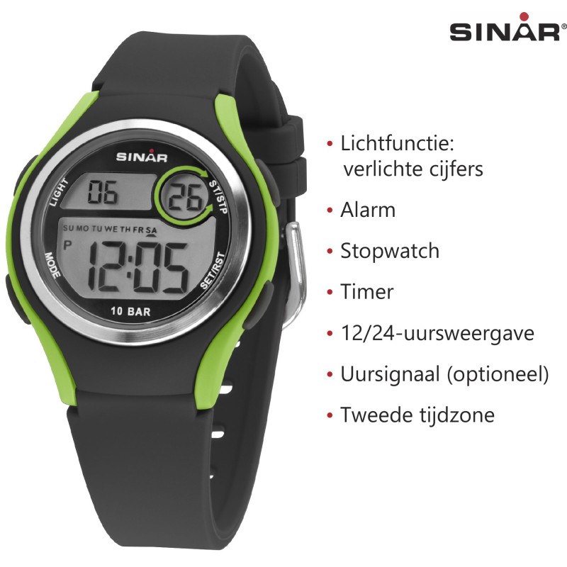 Sinar Horloge - Digitaal - Zwart / Groen - 10 Bar Waterdicht - Ø 36 mm - Verstelbaar Bandje (13-18,5 cm) - XE-64-3