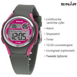 Sinar Horloge - Digitaal - Donker Grijs / Roze - 10 Bar Waterdicht - Ø 36 mm - Verstelbaar Bandje (13-18,5 cm) - XE-64-8