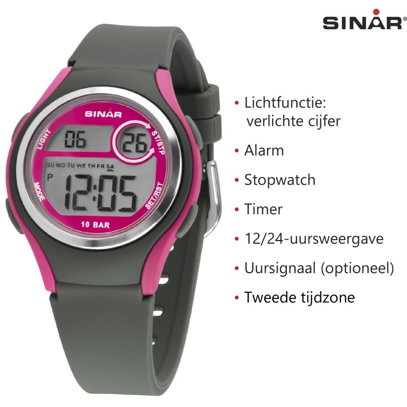 Sinar Horloge - Digitaal - Donker Grijs / Roze - 10 Bar Waterdicht - Ø 36 mm - Verstelbaar Bandje (13-18,5 cm) - XE-64-8