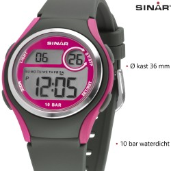 Sinar Horloge - Digitaal - Donker Grijs / Roze - 10 Bar Waterdicht - Ø 36 mm - Verstelbaar Bandje (13-18,5 cm) - XE-64-8