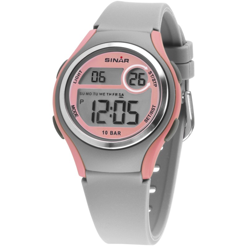 Sinar Uhr - Digital - Hellgrau/Rosa - 10 Bar wasserdicht - Ø 36 mm - Verstellbares Armband (13-18.5 cm) - XE-64-9