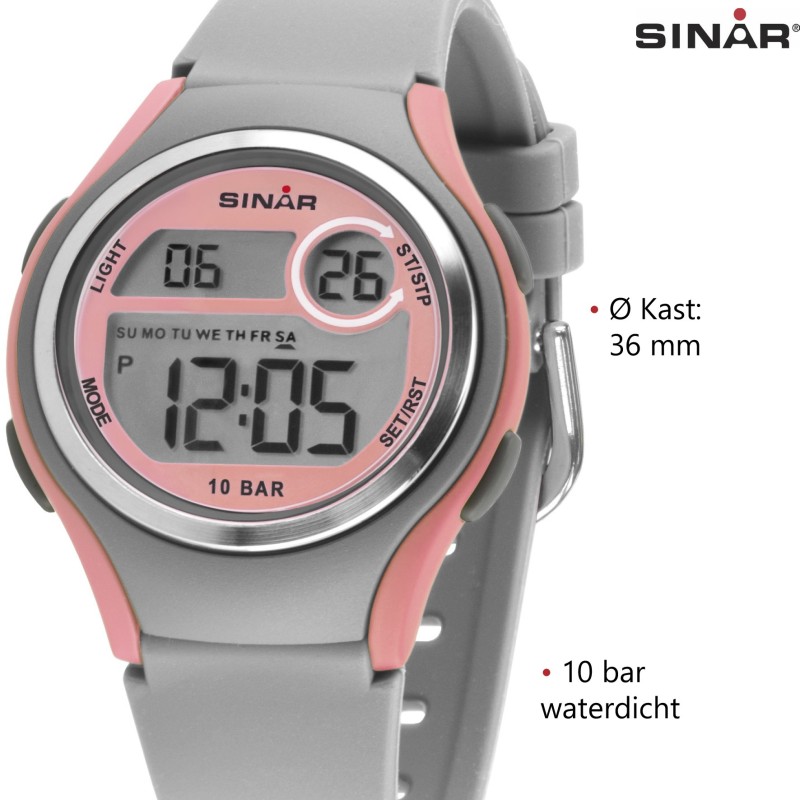 Sinar Horloge - Digitaal - Licht Grijs / Roze - 10 Bar Waterdicht - Ø 36 mm - Verstelbaar Bandje 13-18,5 cm