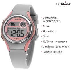 Sinar Watch - Digital - Light Grey/Pink - 10 Bar Waterproof - Ø 36 mm - Adjustable Strap (13-18.5 cm) - XE-64-9