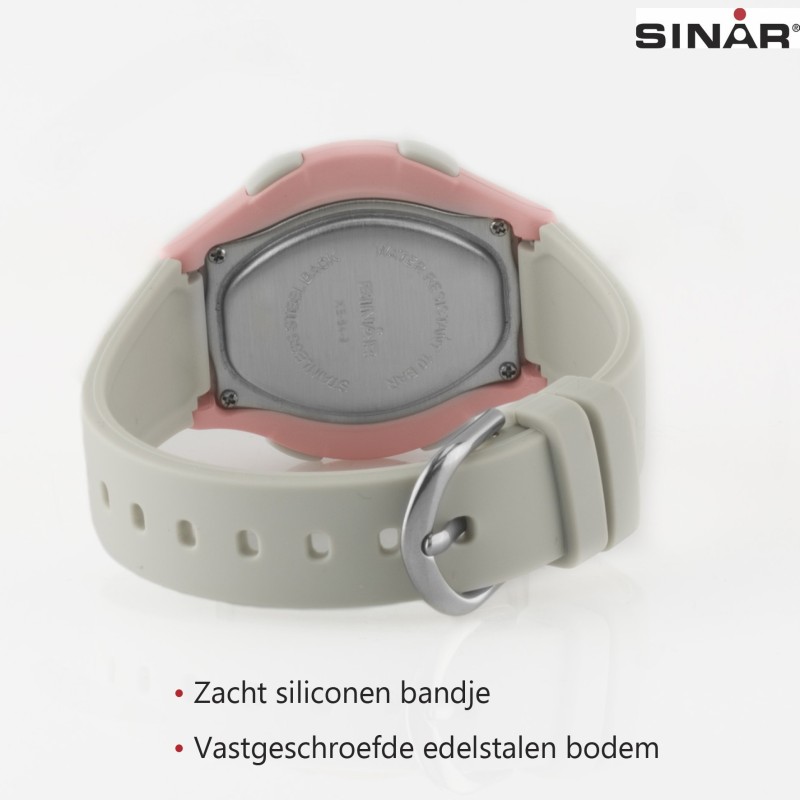 Sinar Horloge - Digitaal - Licht Grijs / Roze - 10 Bar Waterdicht - Ø 36 mm - Verstelbaar Bandje 13-18,5 cm