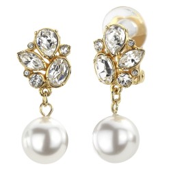 Traveller Drop clip earrings - Pendant - Preciosa crystals - Pearls - White - Gold plated